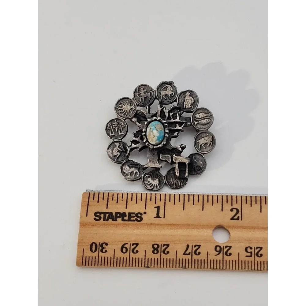 Vintage silver tone Western Astrology Zodiac Tree‎ of Life Chai brooch pin